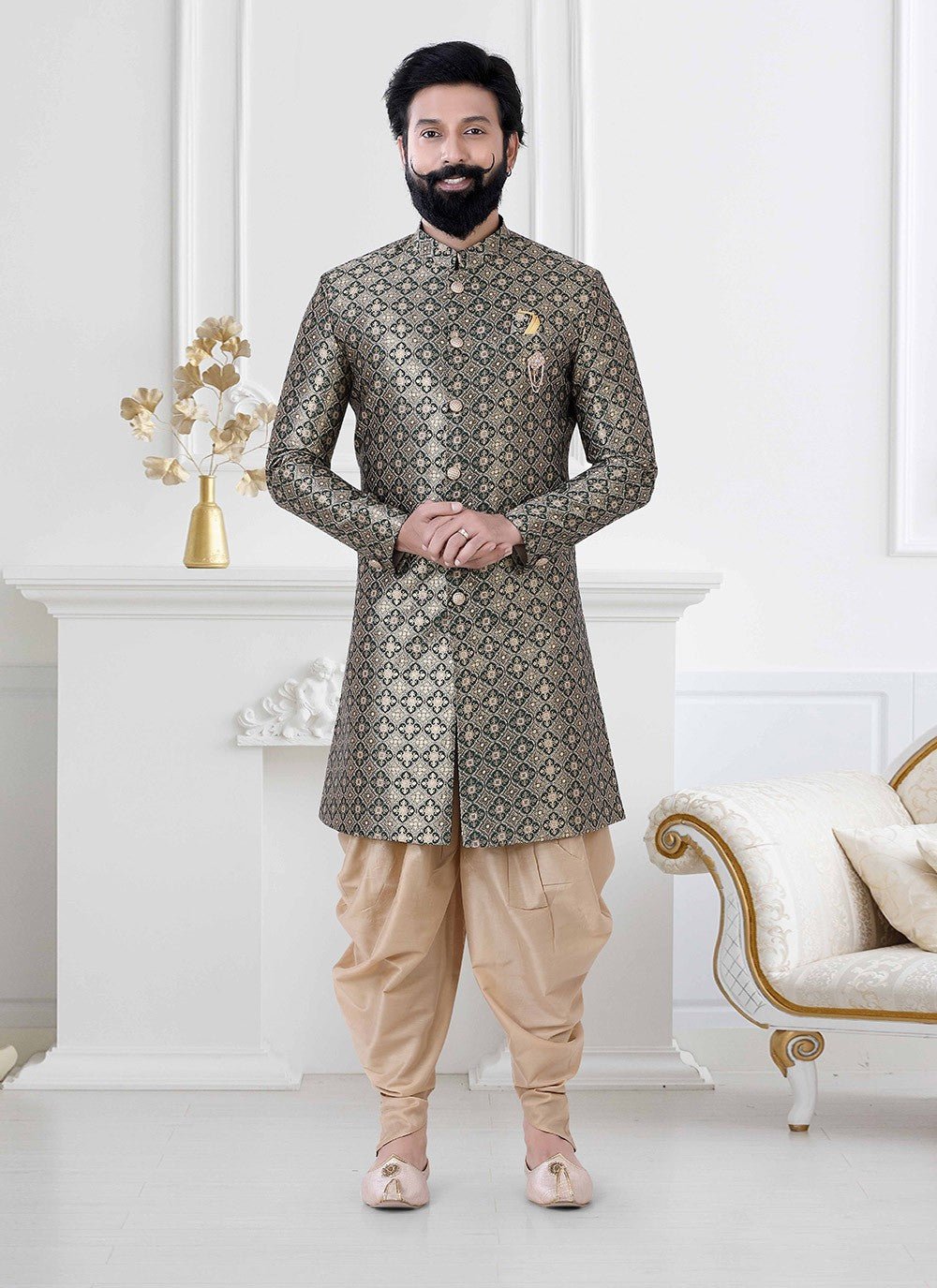 Embroidered Jacquard Gold, Green Indo Western - M4185