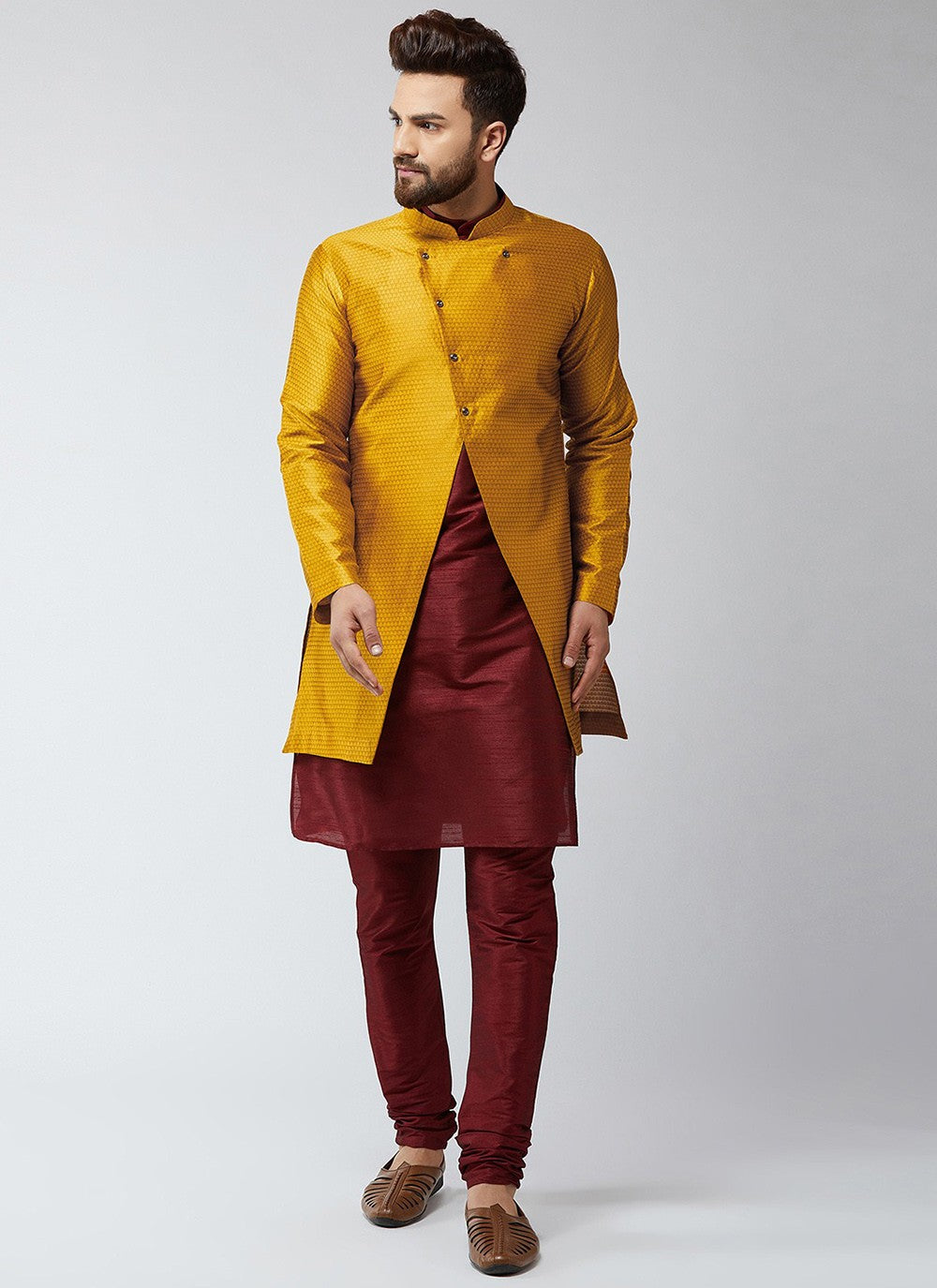 Plain Dupion Silk Gold, Maroon Indo Western - M2428