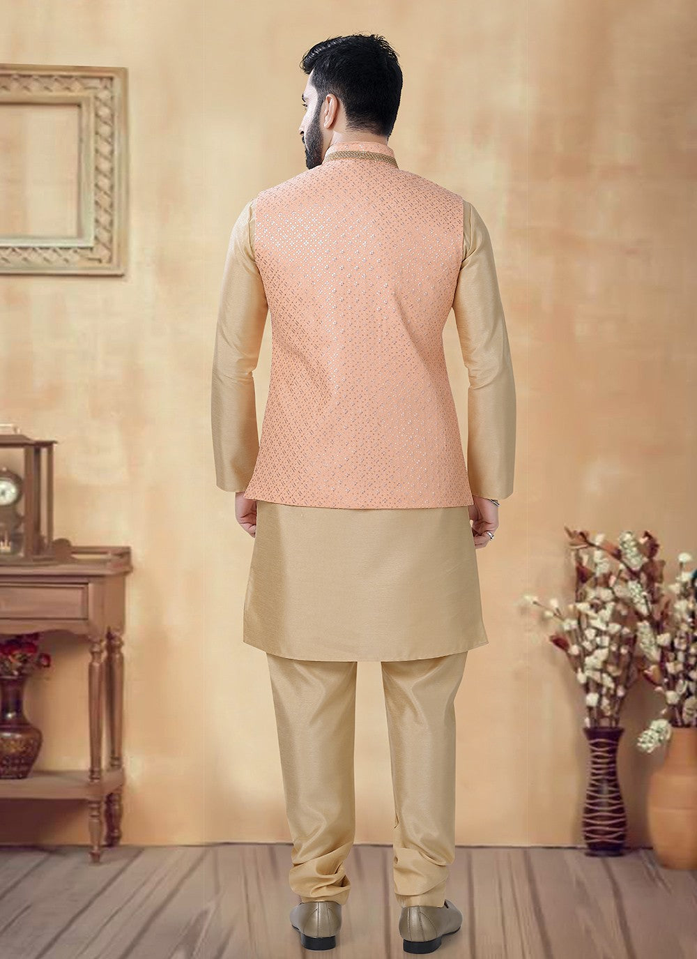 Embroidered Silk Gold, Peach Kurta Payjama With Jacket - M8474