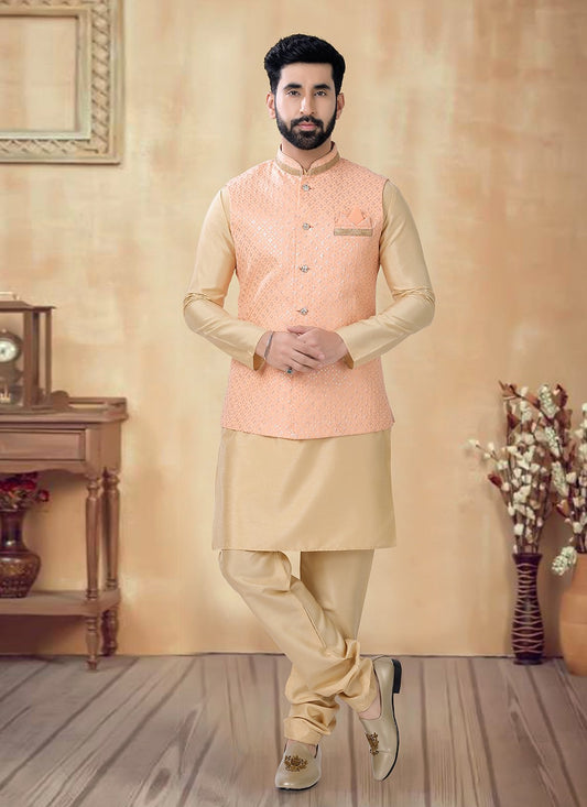 Embroidered Silk Gold, Peach Kurta Payjama With Jacket - M8474