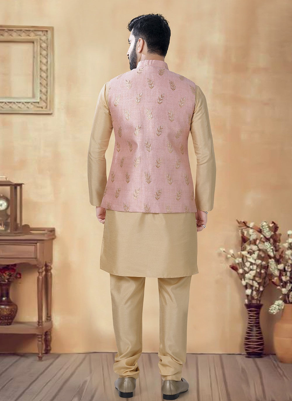 Sequins Silk Gold, Pink Kurta Payjama With Jacket - M8476