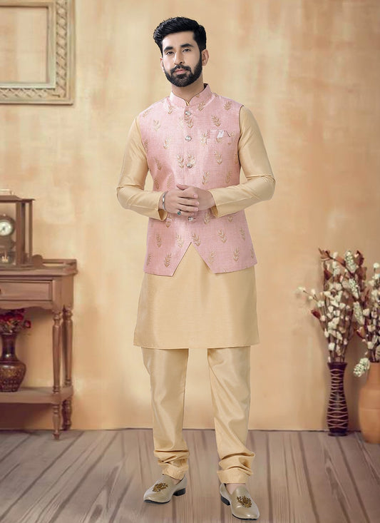 Sequins Silk Gold, Pink Kurta Payjama With Jacket - M8476