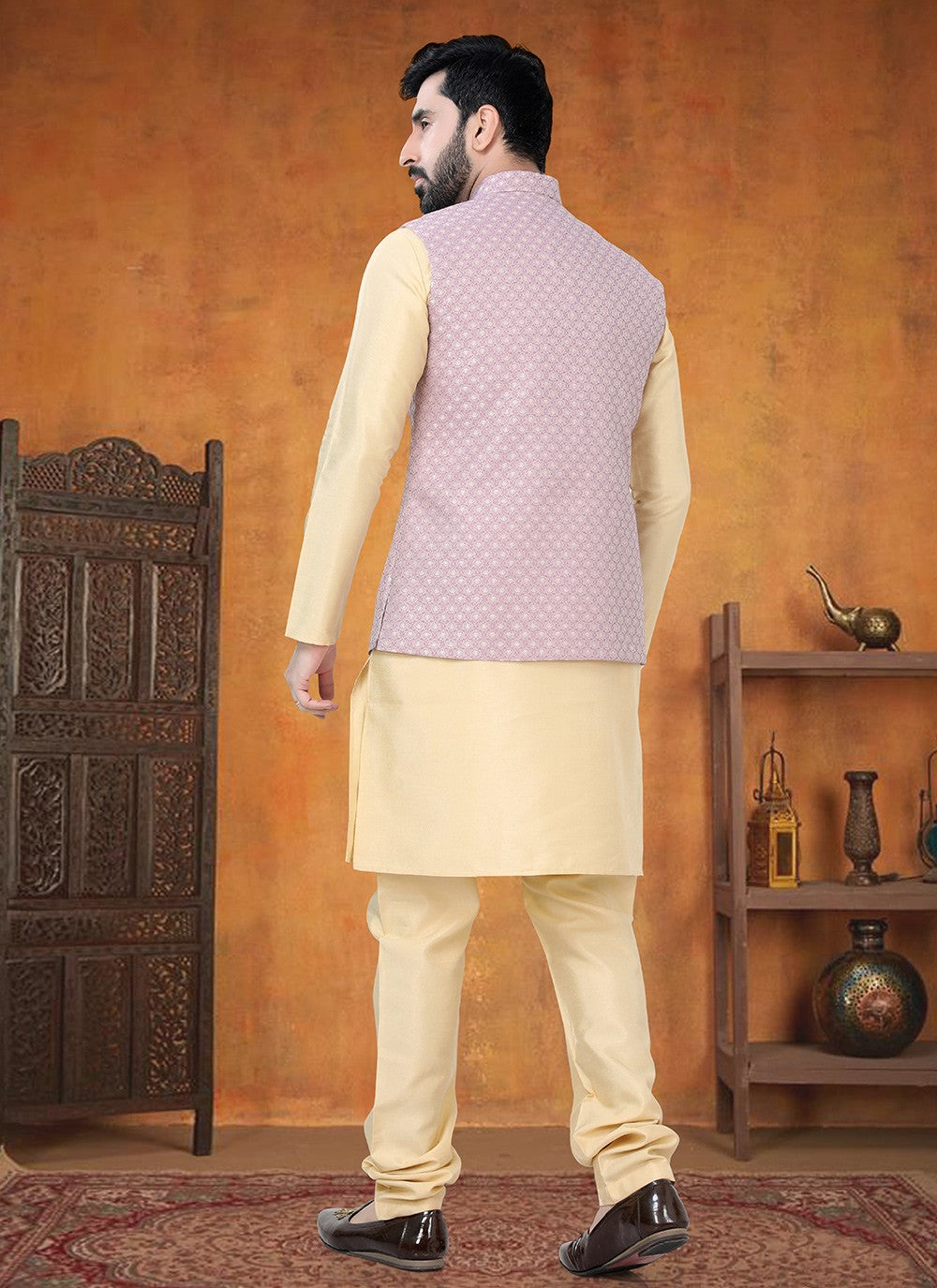 Printed Silk Gold, Purple Kurta Payjama With Jacket - M8785