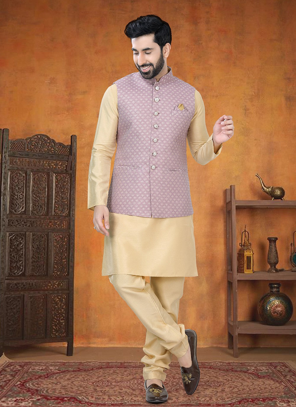 Printed Silk Gold, Purple Kurta Payjama With Jacket - M8785