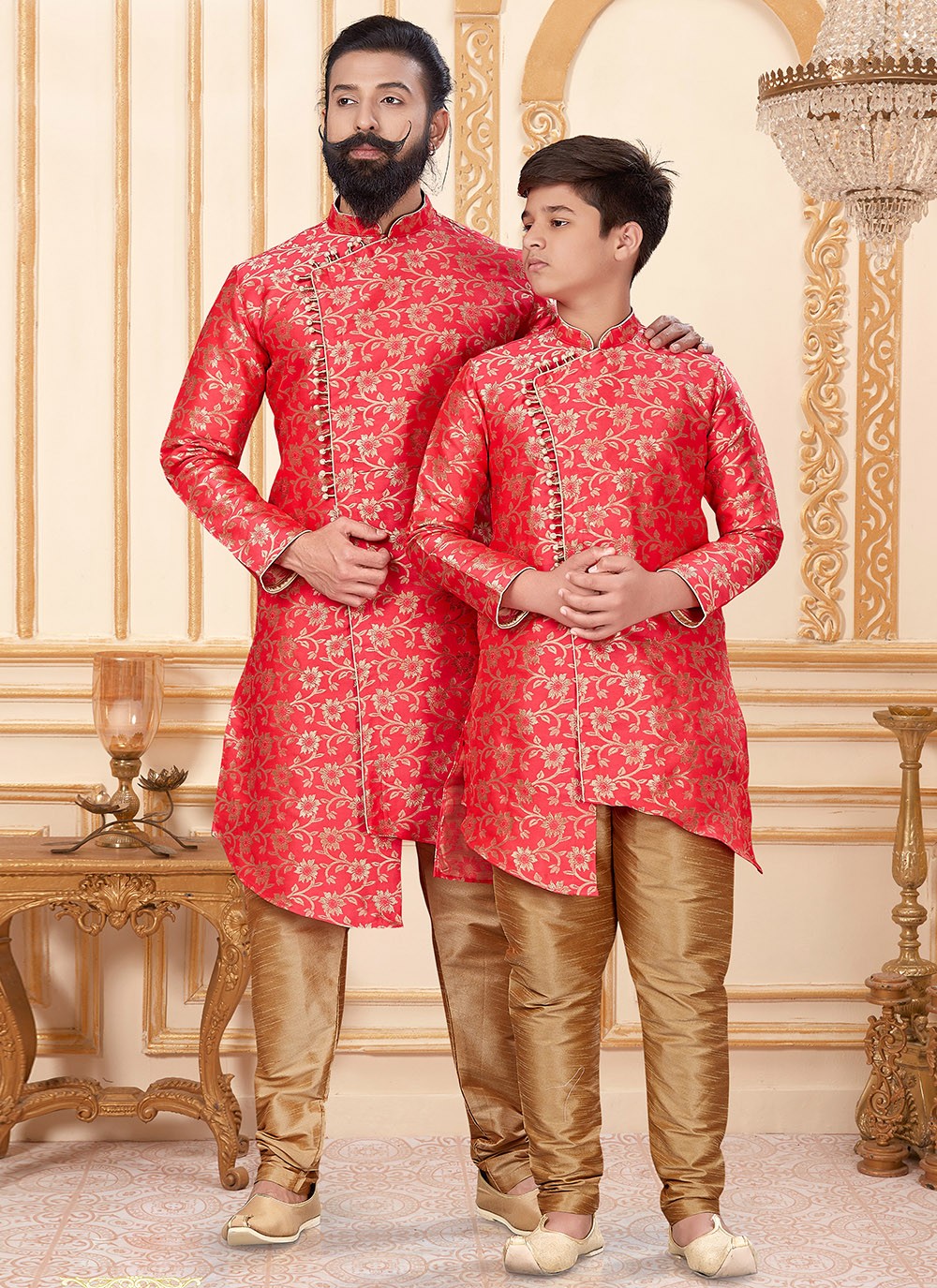 Woven Jacquard Silk Gold, Red Indo Western - M1933