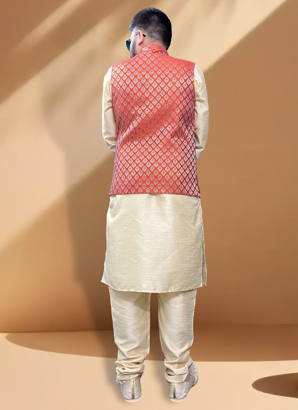 Fancy Work Silk Gold, Red Kurta Payjama With Jacket - M5353