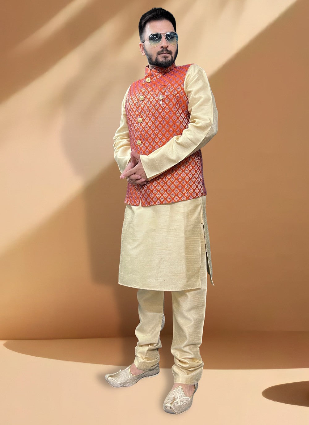 Fancy Work Silk Gold, Red Kurta Payjama With Jacket - M5353