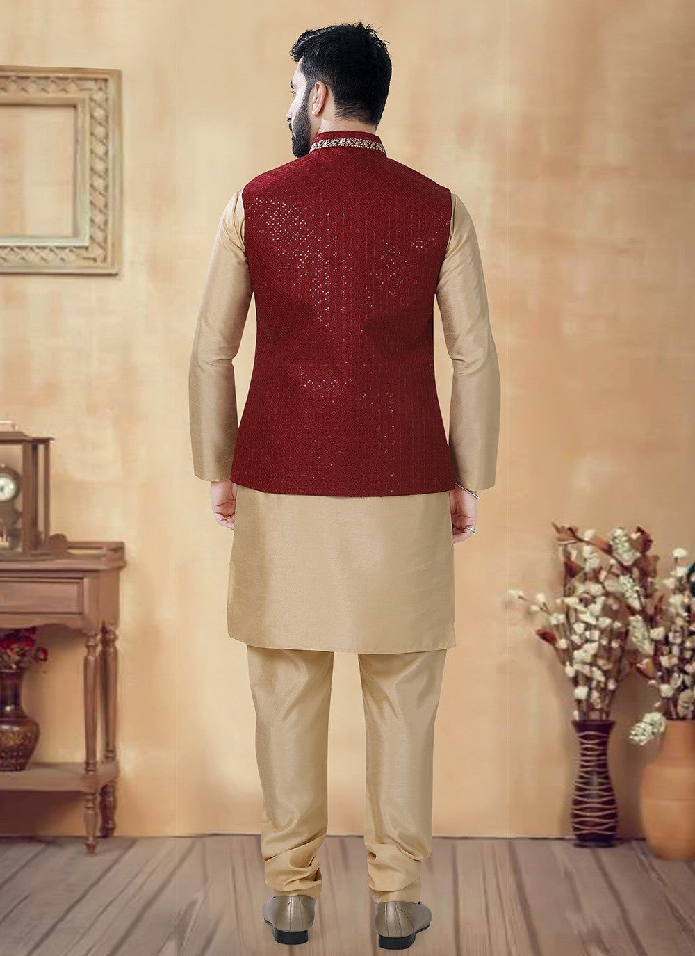 Embroidered Silk Gold, Red Kurta Payjama With Jacket - M8473