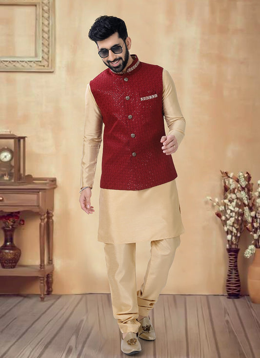 Embroidered Silk Gold, Red Kurta Payjama With Jacket - M8473