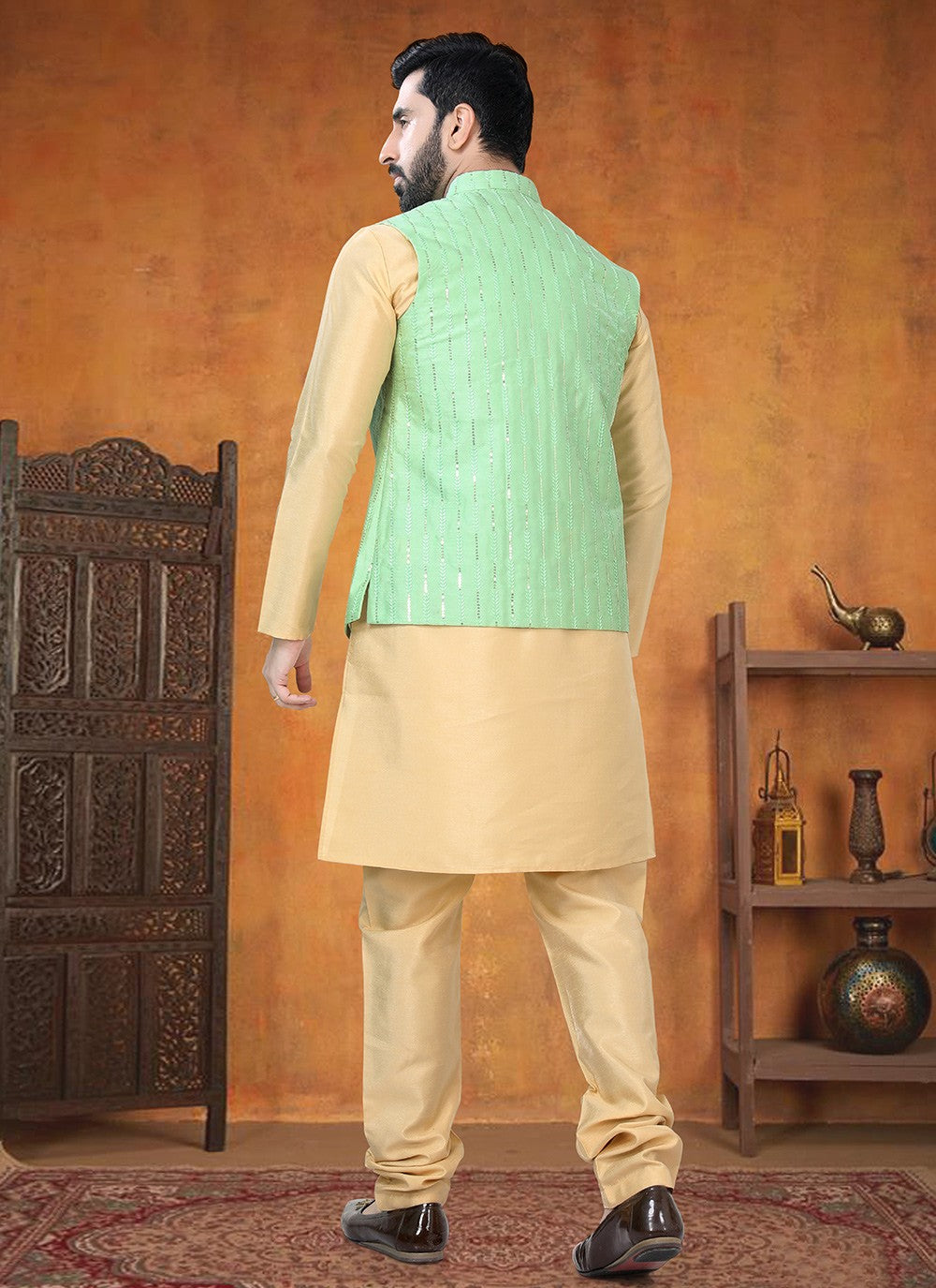 Sequins Silk Gold, Sea Green Kurta Payjama With Jacket - M8782