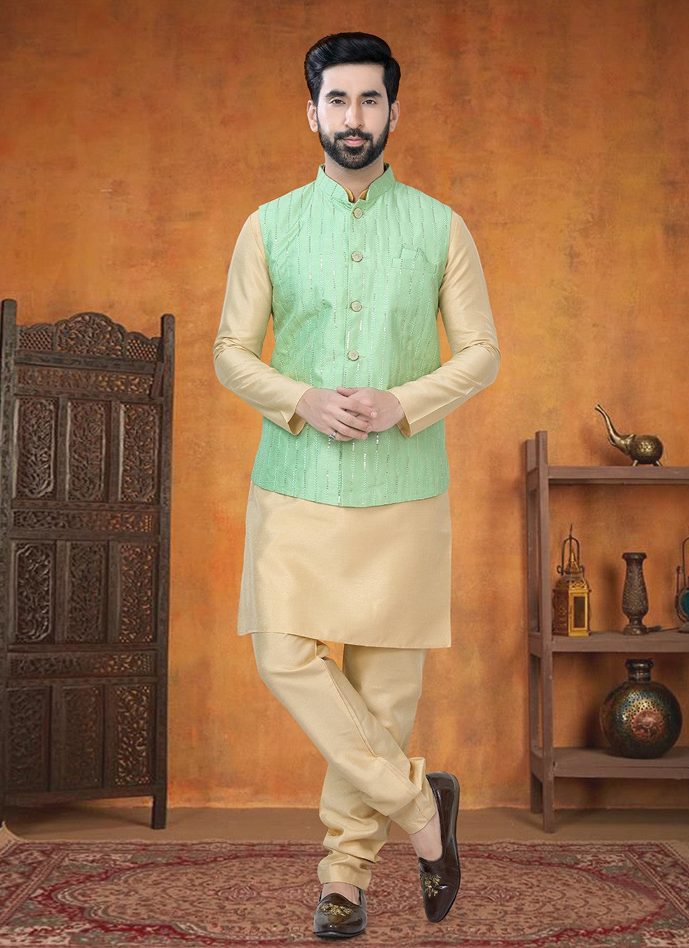 Sequins Silk Gold, Sea Green Kurta Payjama With Jacket - M8782