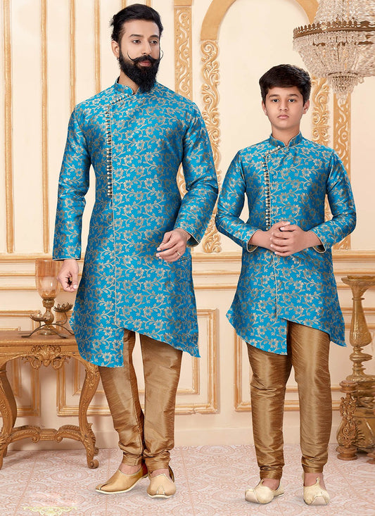 Woven Jacquard Silk Gold, Turquoise Indo Western - M1929