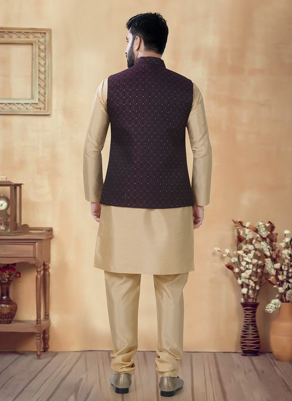 Sequins Silk Gold, Wine Kurta Payjama With Jacket - M8477