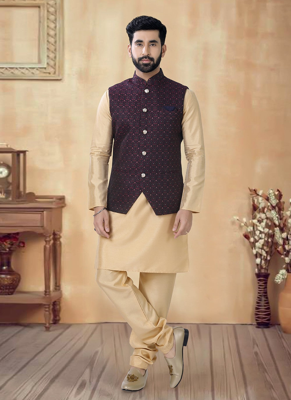 Sequins Silk Gold, Wine Kurta Payjama With Jacket - M8477