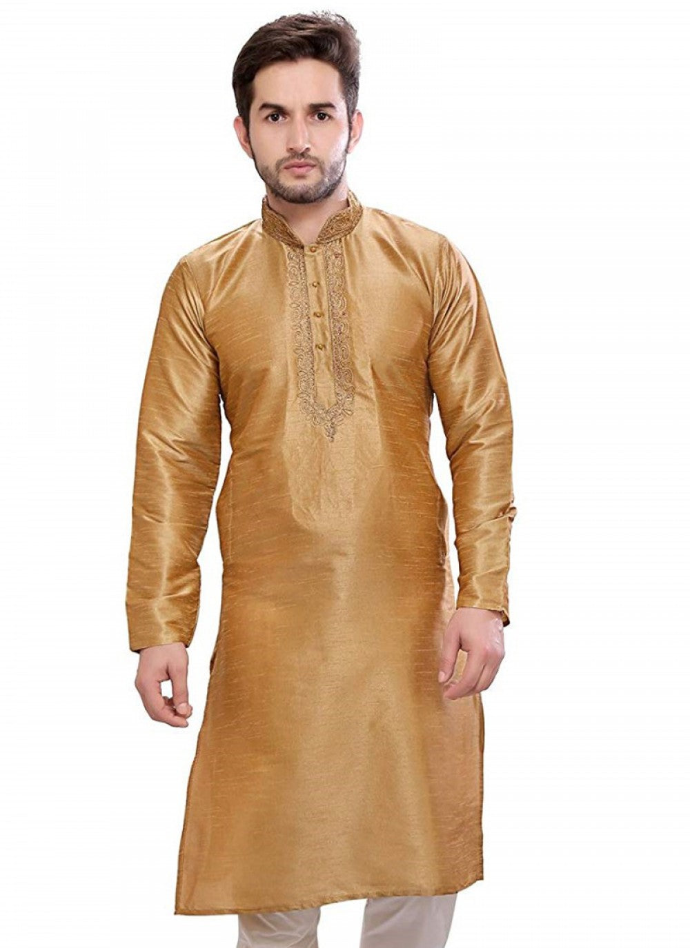 Embroidered Art Dupion Silk Gold Kurta - M1259