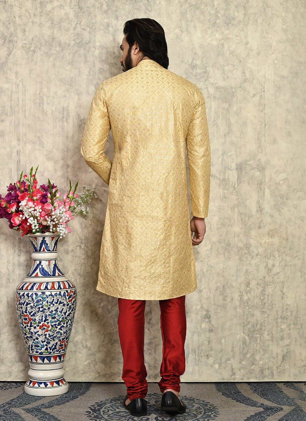 Fancy Work Art Silk Gold Kurta Pyjama - M7945