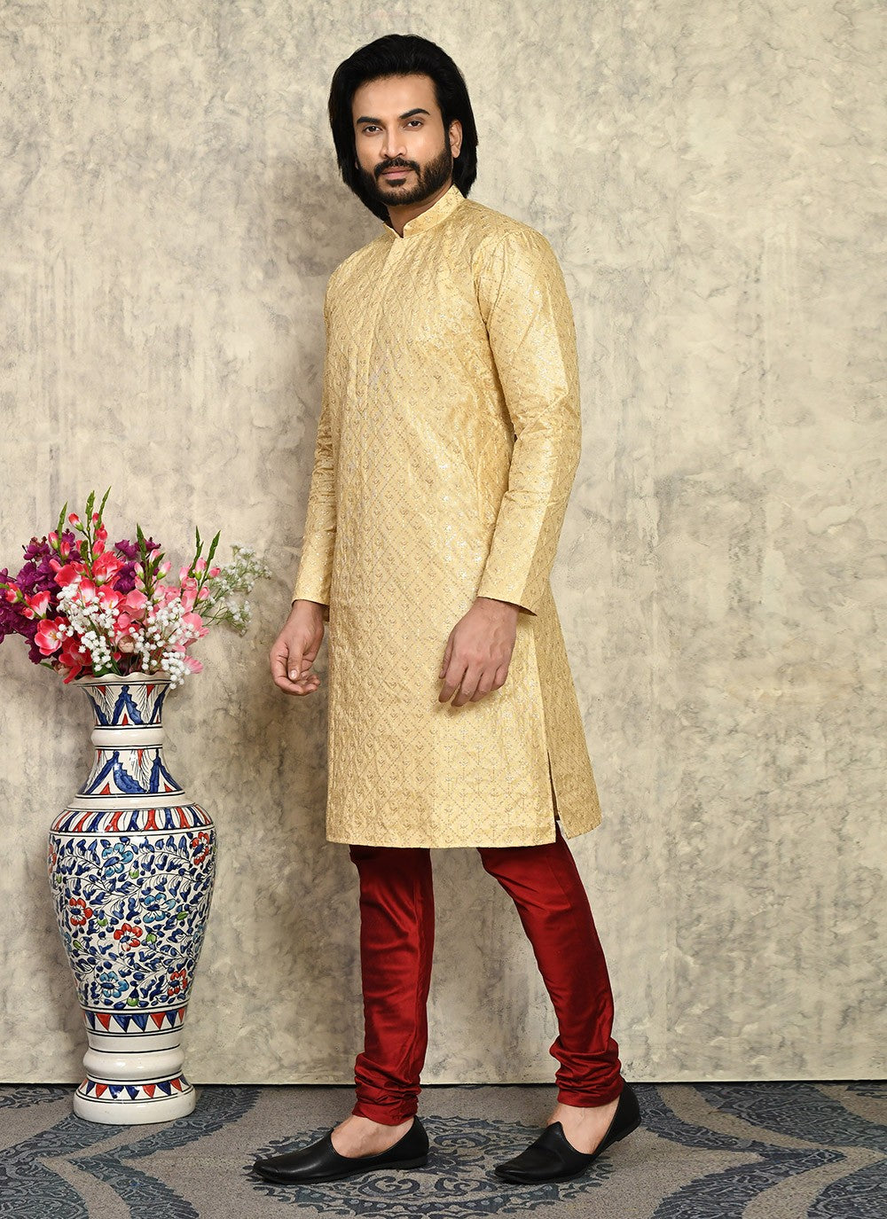 Fancy Work Art Silk Gold Kurta Pyjama - M7945