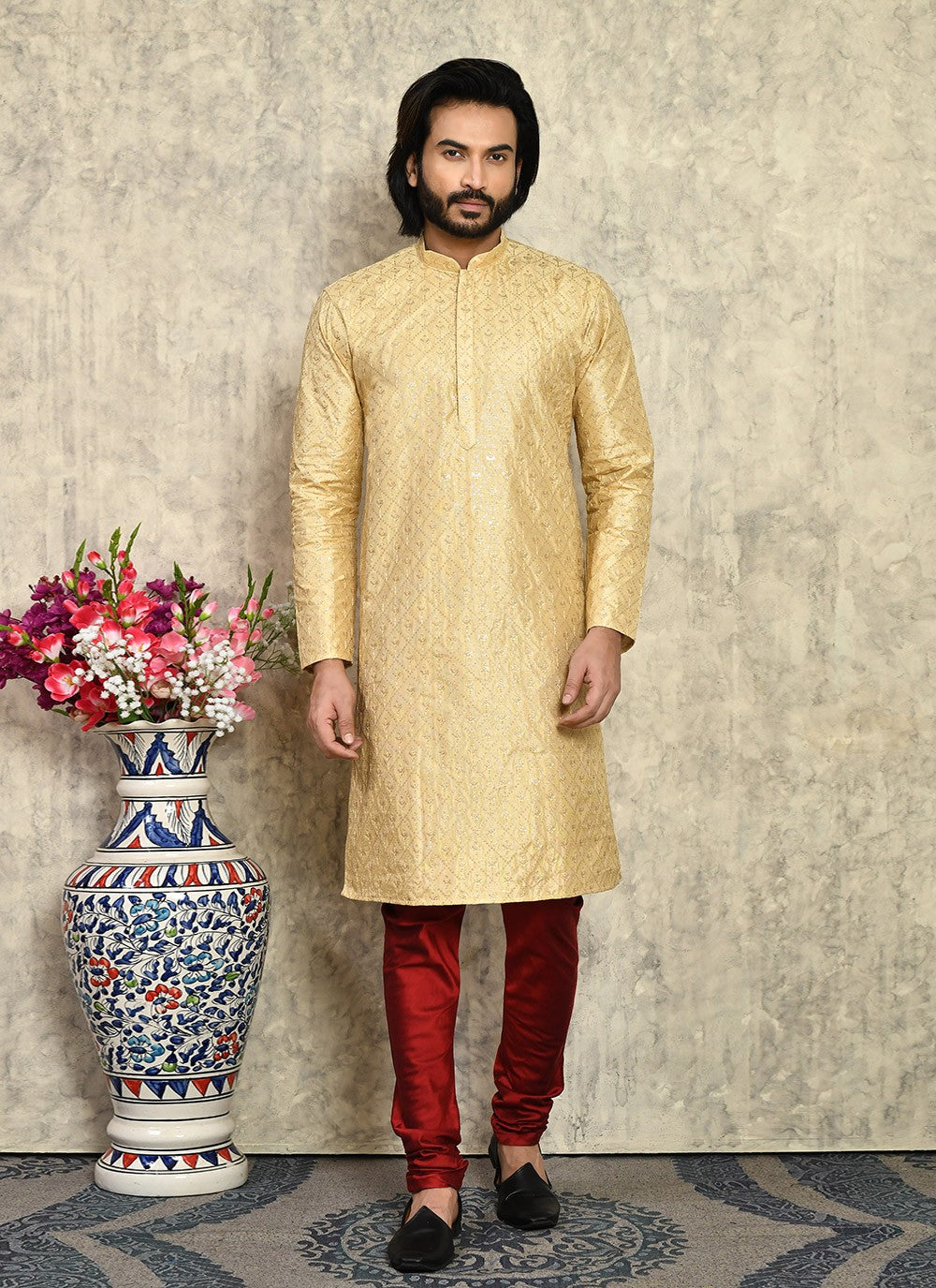 Fancy Work Art Silk Gold Kurta Pyjama - M7945