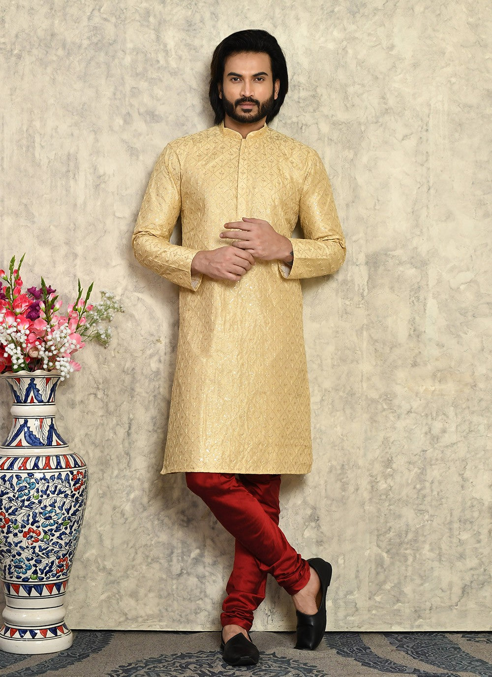 Fancy Work Art Silk Gold Kurta Pyjama - M7945