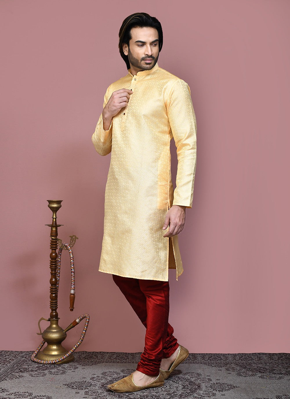 Woven Art Silk Gold Kurta Pyjama - M7898