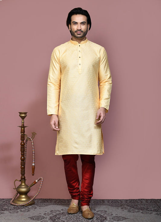 Woven Art Silk Gold Kurta Pyjama - M7898