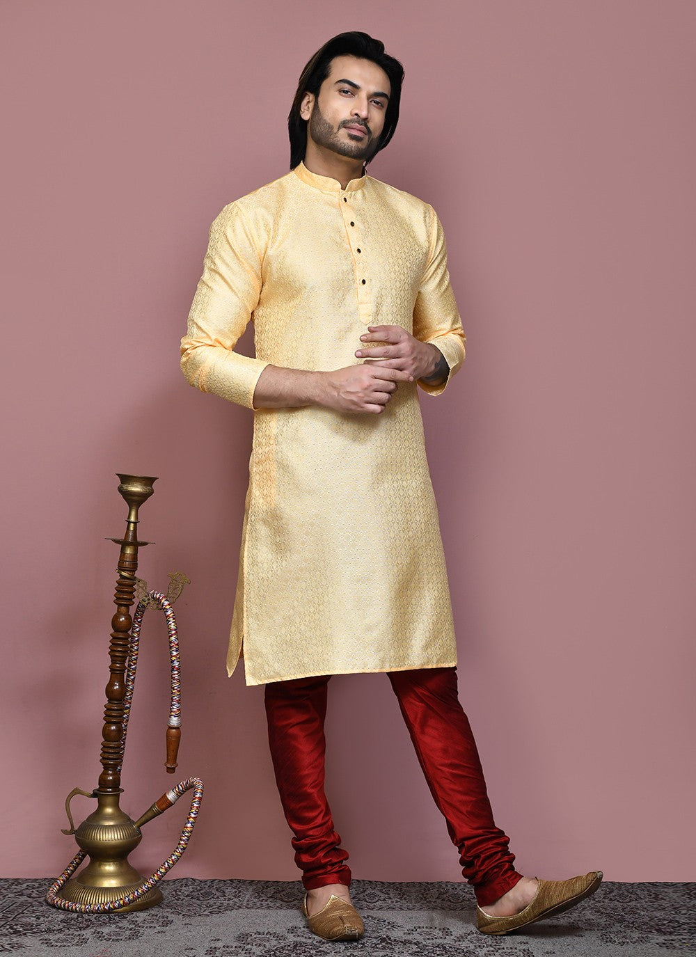 Woven Art Silk Gold Kurta Pyjama - M7898