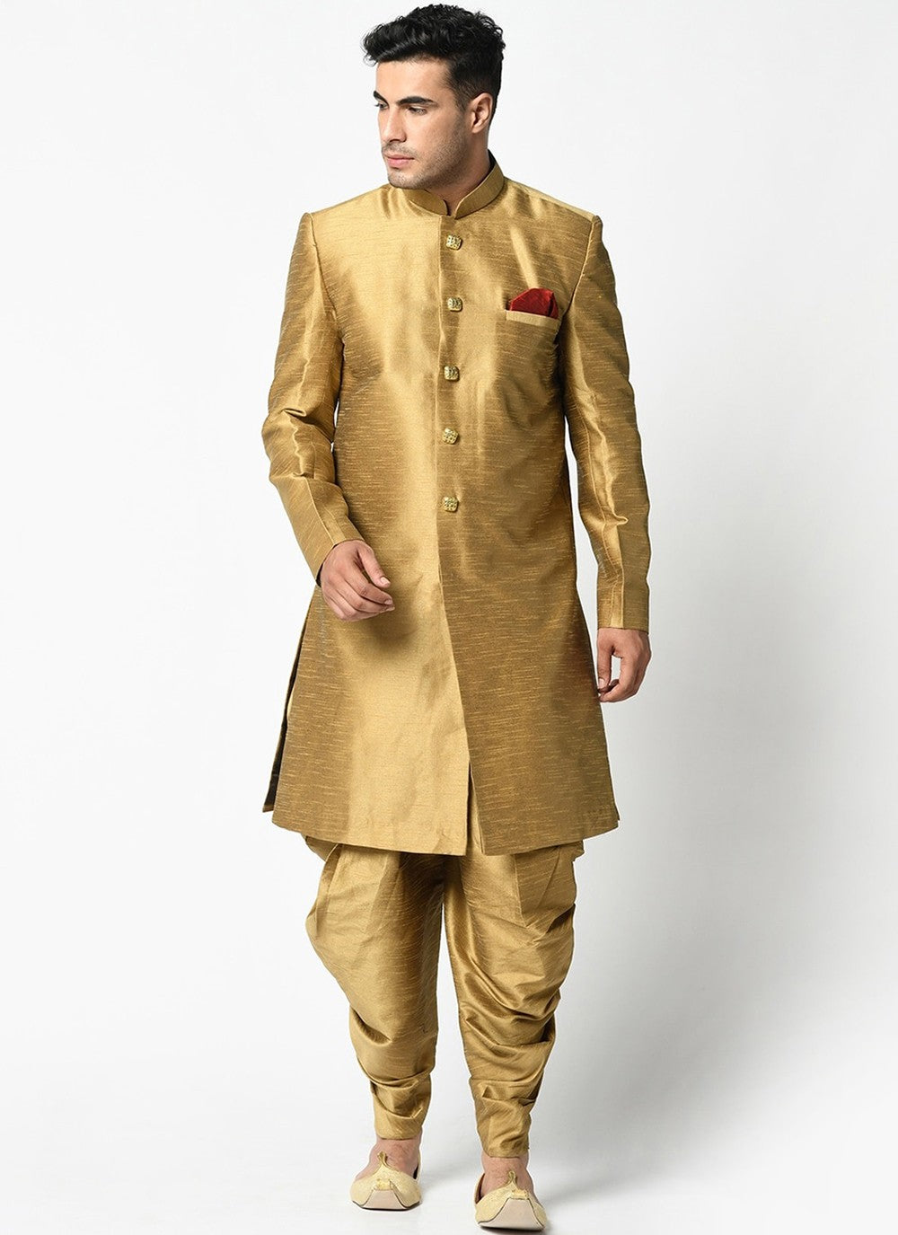 Buttons Dupion Silk Gold Indo Western - M2403