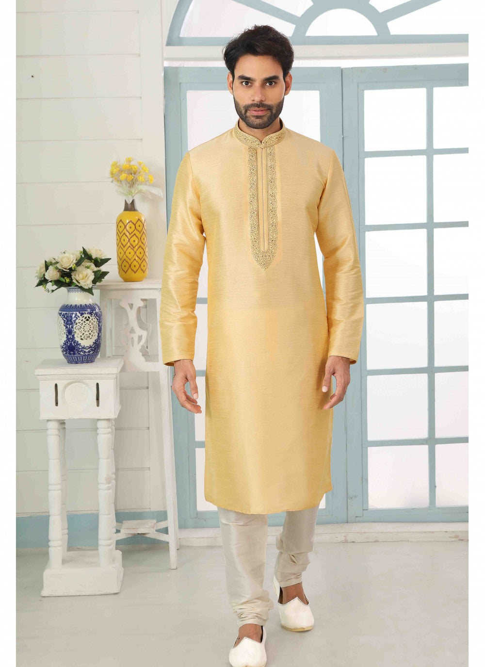 Embroidered Banarasi Silk Gold Kurta Pyjama - M1798