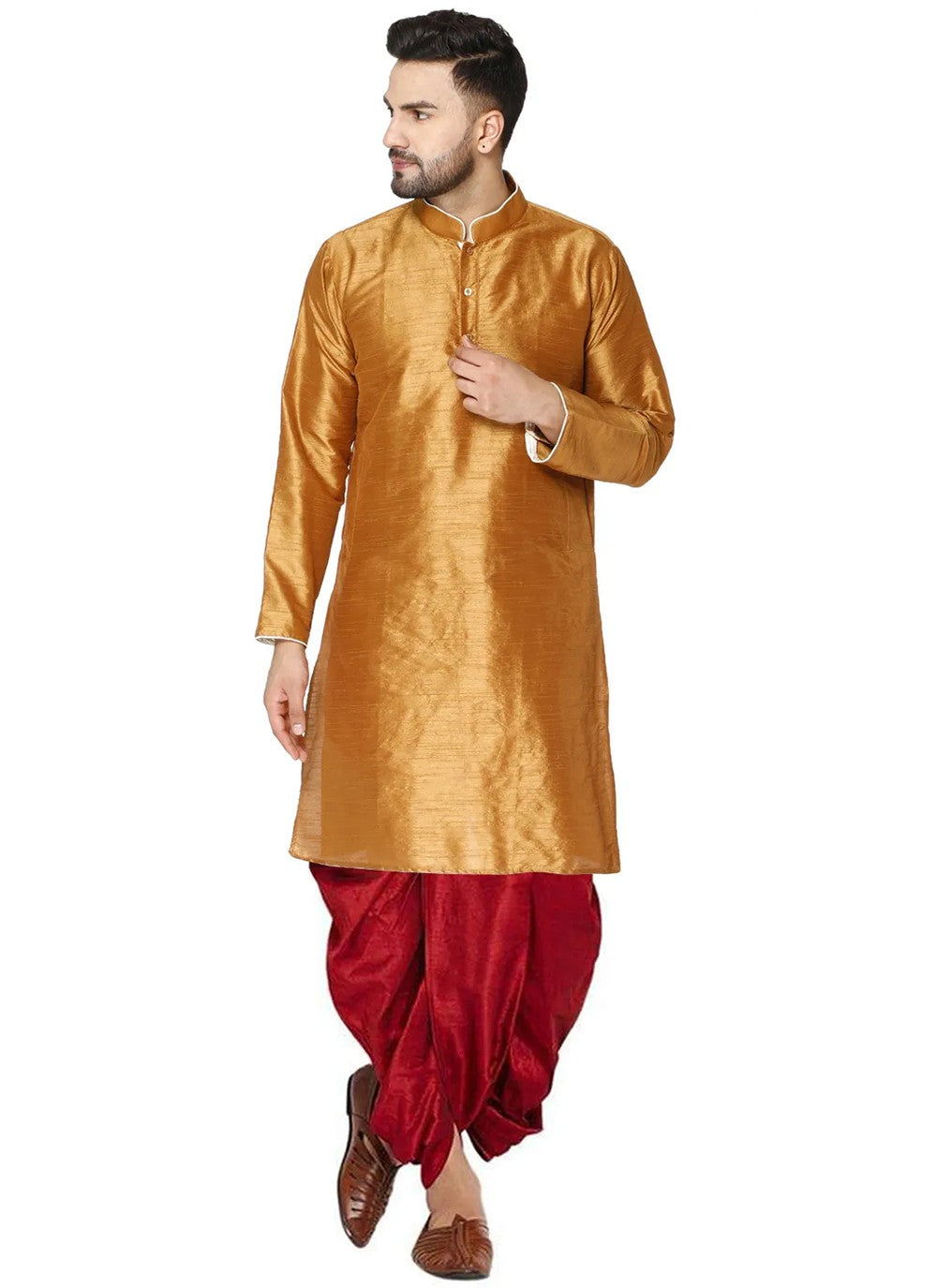 Plain Dupion Silk Gold Dhoti Kurta - M2799