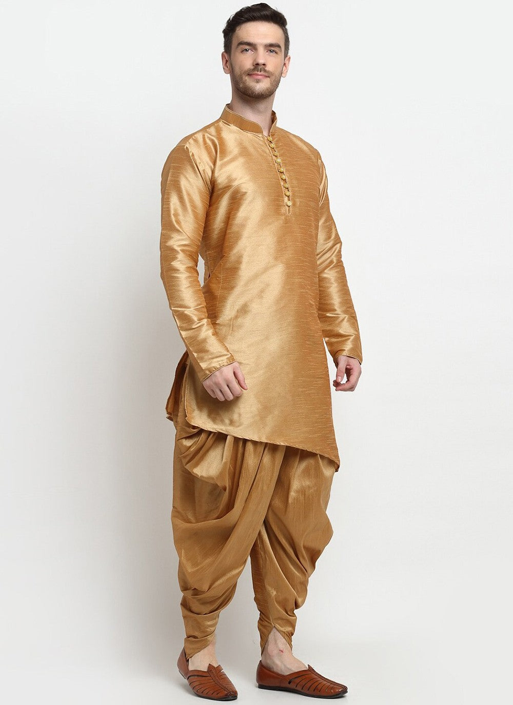 Plain Dupion Silk Gold Dhoti Kurta - M2389