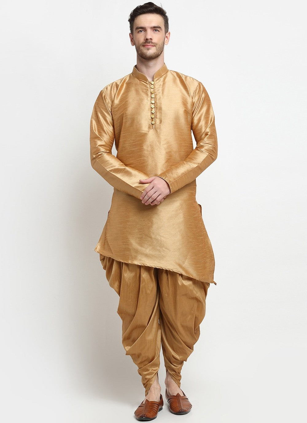 Plain Dupion Silk Gold Dhoti Kurta - M2389