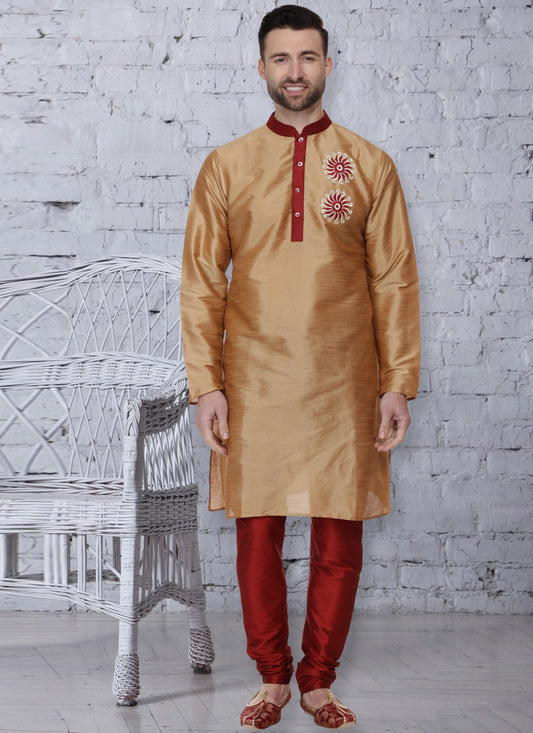 Embroidered Dupion Silk Gold Kurta Pyjama - M1075