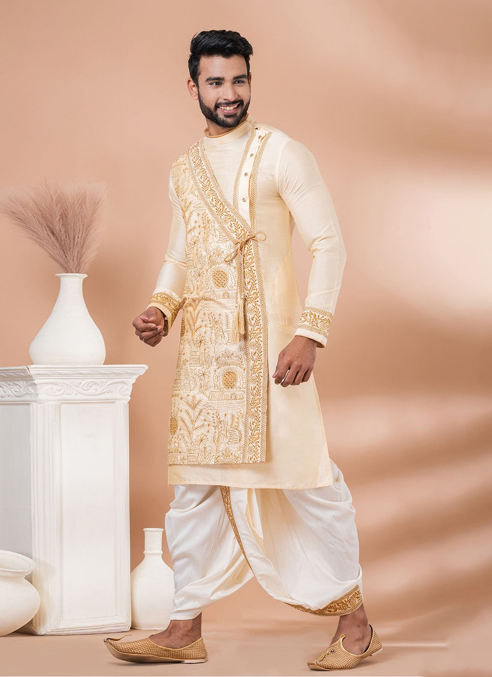 Embroidered Viscose Gold Dhoti Kurta - M8294