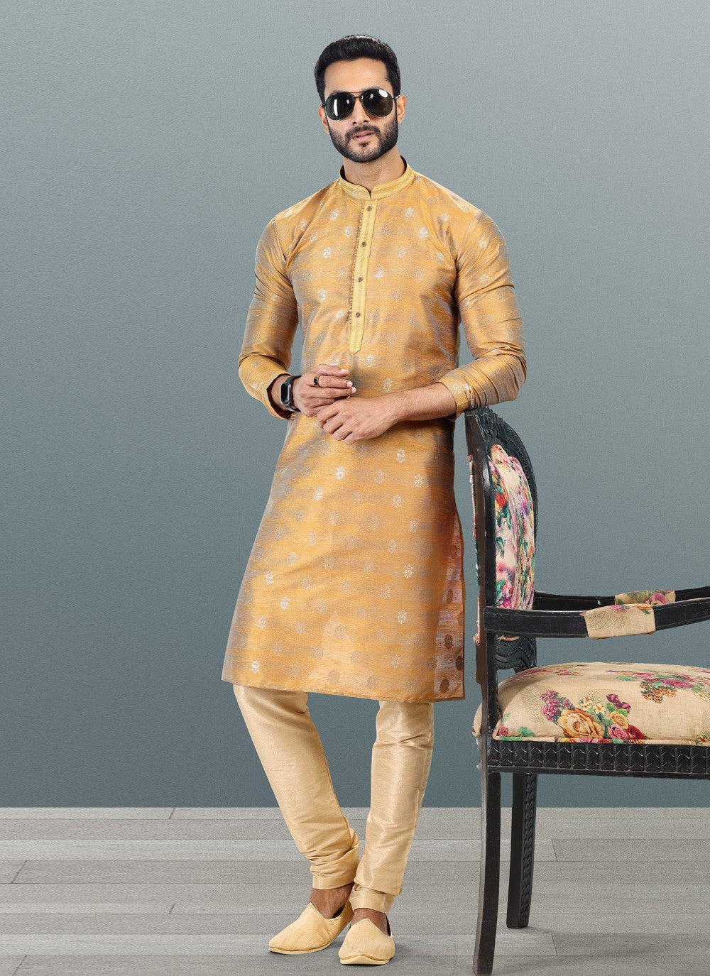 Fancy Work Banarasi Silk, Jacquard Gold Kurta Pyjama - M4833