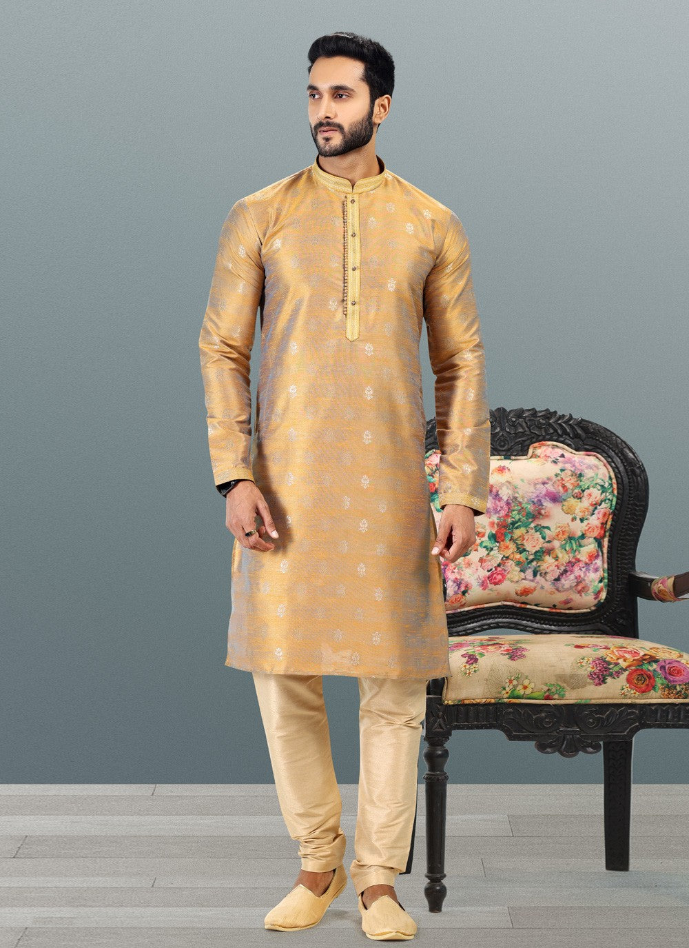 Fancy Work Banarasi Silk, Jacquard Gold Kurta Pyjama - M4833