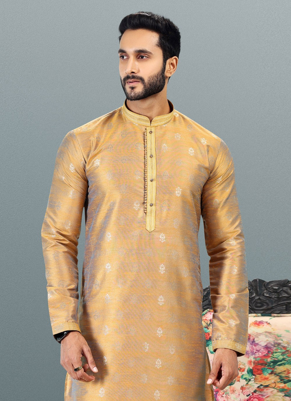 Fancy Work Banarasi Silk, Jacquard Gold Kurta Pyjama - M4833