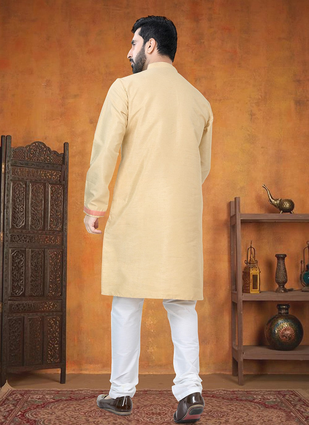 Printed Silk Gold Kurta Pyjama - M8805