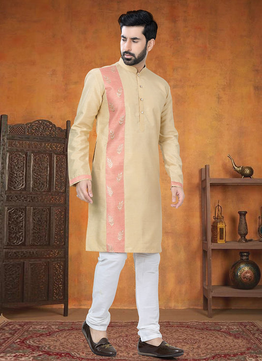 Printed Silk Gold Kurta Pyjama - M8805