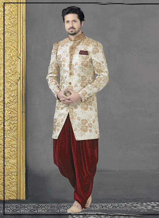 Embroidered Jacquard Gold Indo Western - M1165