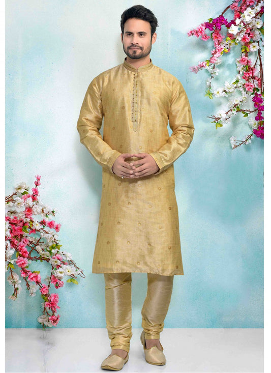 Printed Brocade, Jacquard Gold Kurta Pyjama - M1675