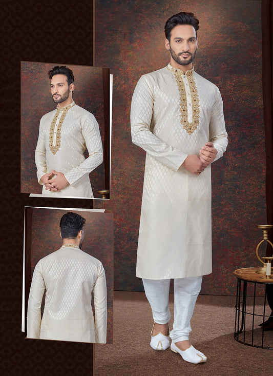 Machine Embroidery Jacquard Gold Kurta Pyjama - M7601