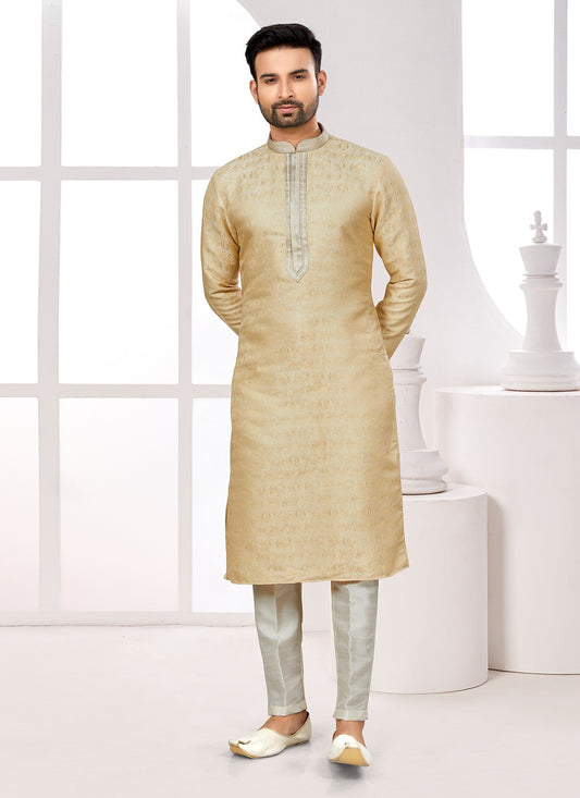 Fancy Work Jacquard Gold Kurta Pyjama - M6684