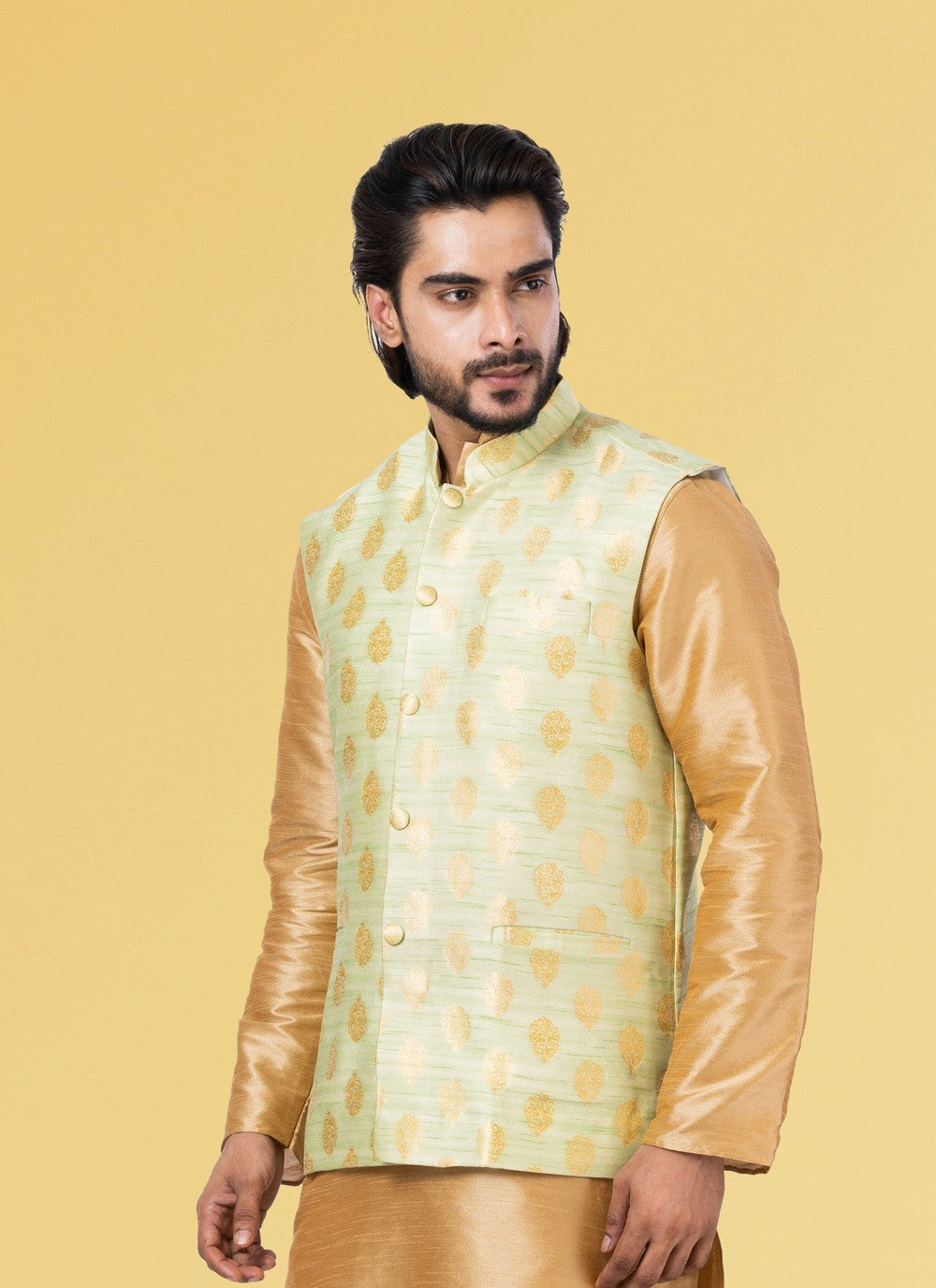 Embroidered Jacquard Silk Gold Nehru Jackets - M3831