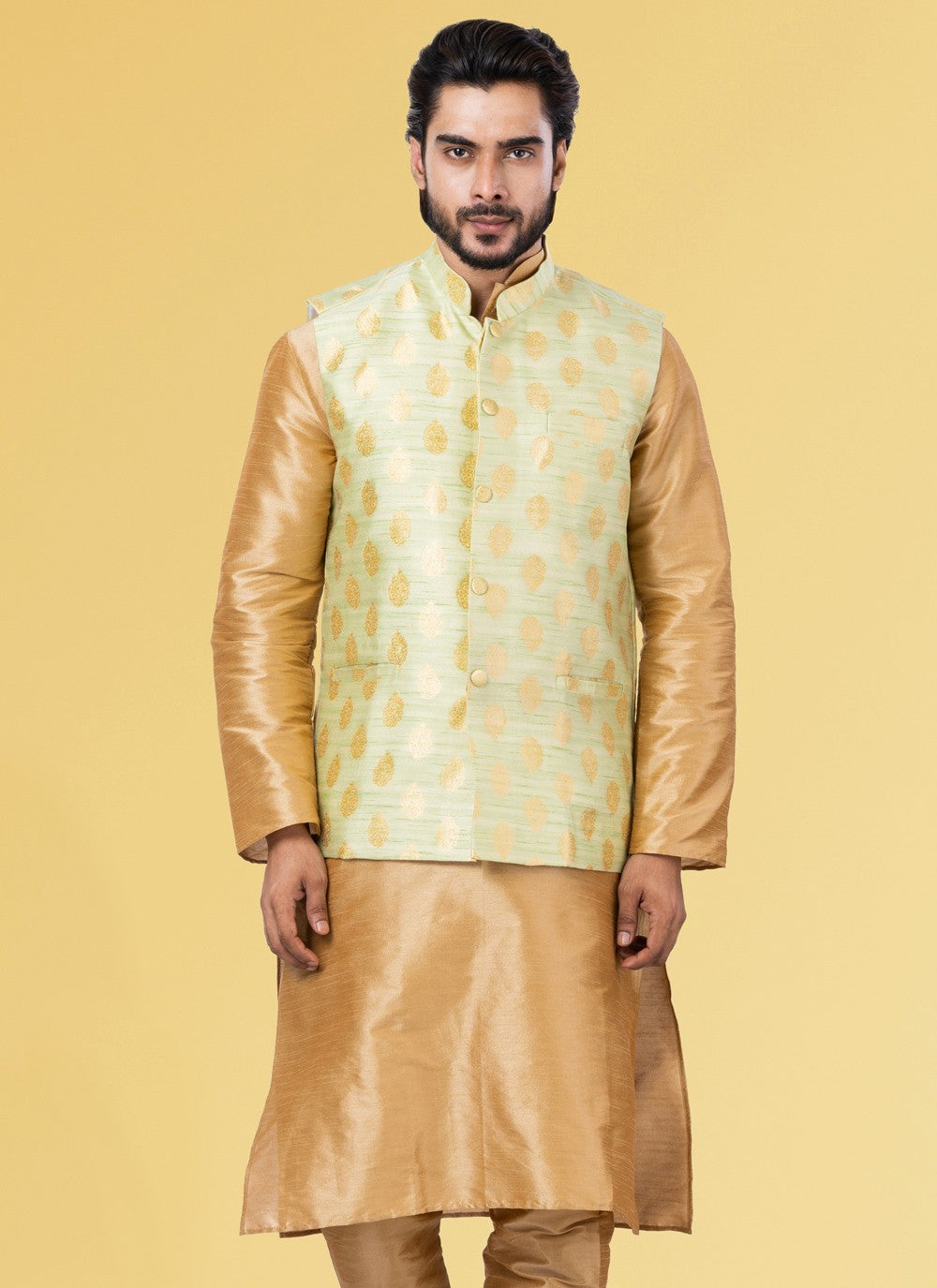 Embroidered Jacquard Silk Gold Nehru Jackets - M3831