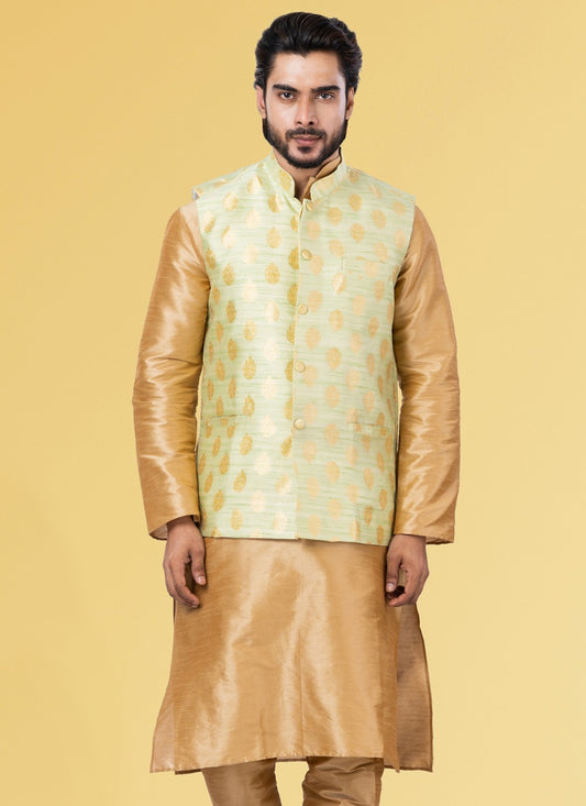 Embroidered Jacquard Silk Gold Nehru Jackets - M3831