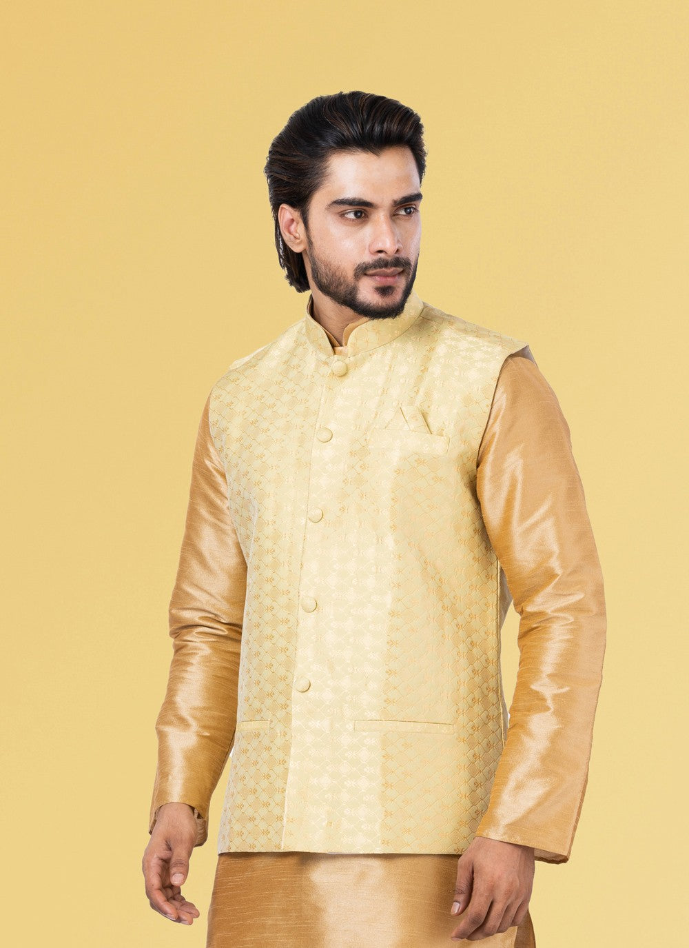 Embroidered Jacquard Silk Gold Nehru Jackets - M3832