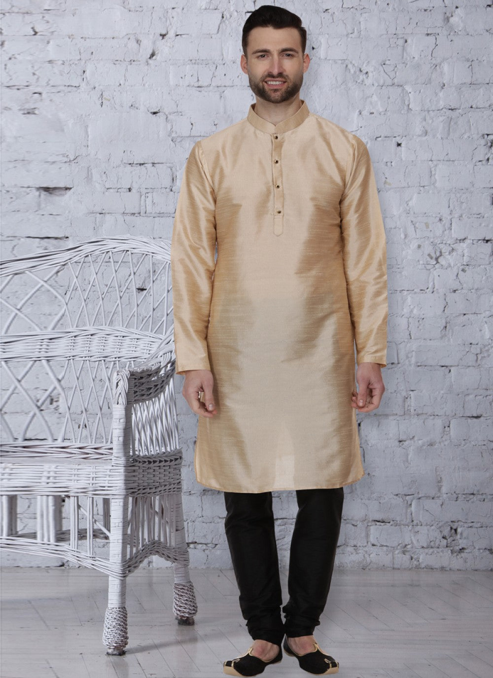 Embroidered Dupion Silk Gold Kurta Pyjama - M1081