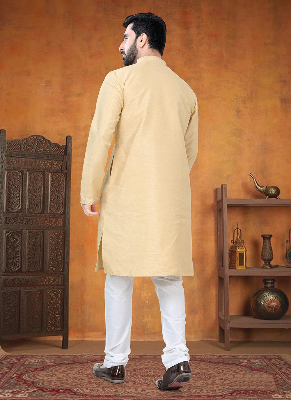 Jacquard Work Silk Gold Kurta Pyjama - M8756