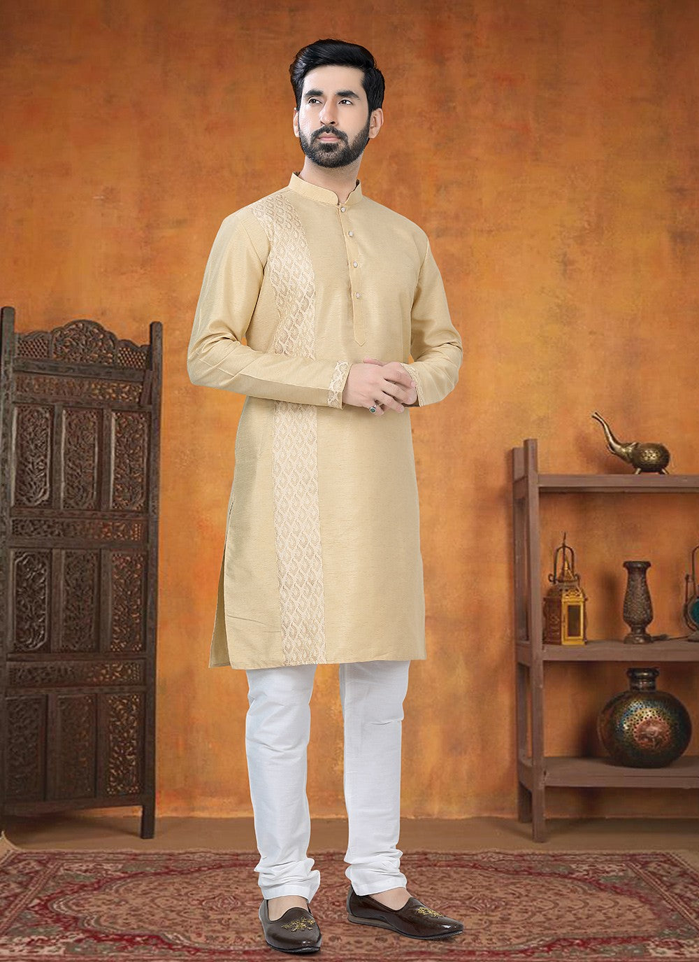 Jacquard Work Silk Gold Kurta Pyjama - M8756