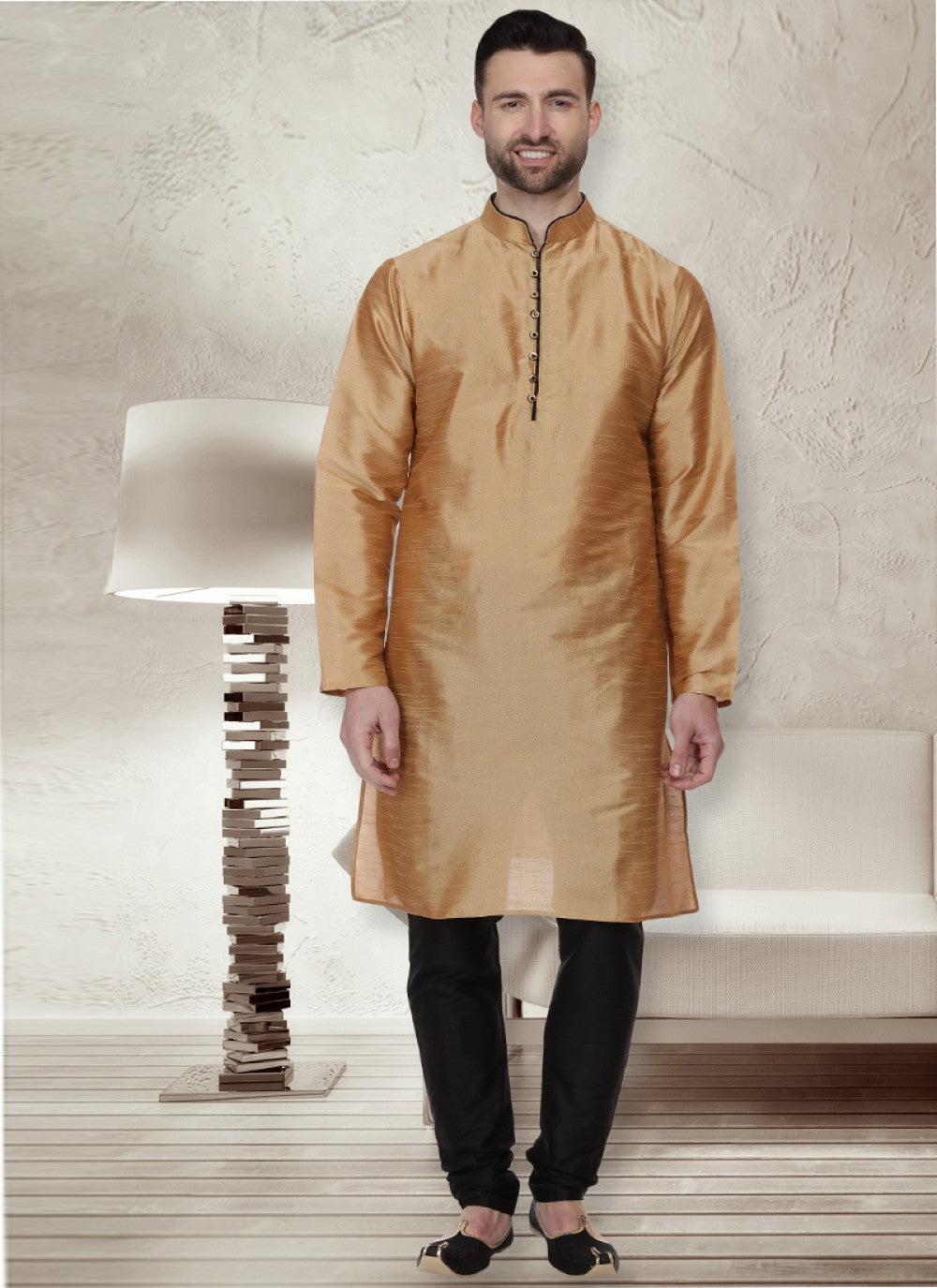 Embroidered Dupion Silk Gold Kurta Pyjama - M1082